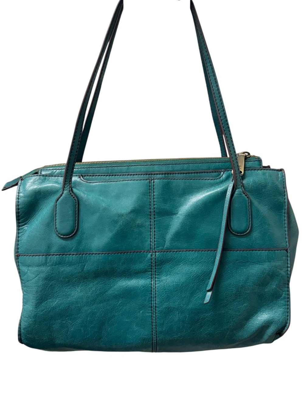 Vintage Hobo Friar teal leather shoulder bag, exterior pockets, zipper top EUC